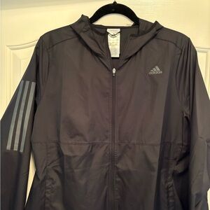Adidas Black Windbreaker with Hood and Three-Stripe Design